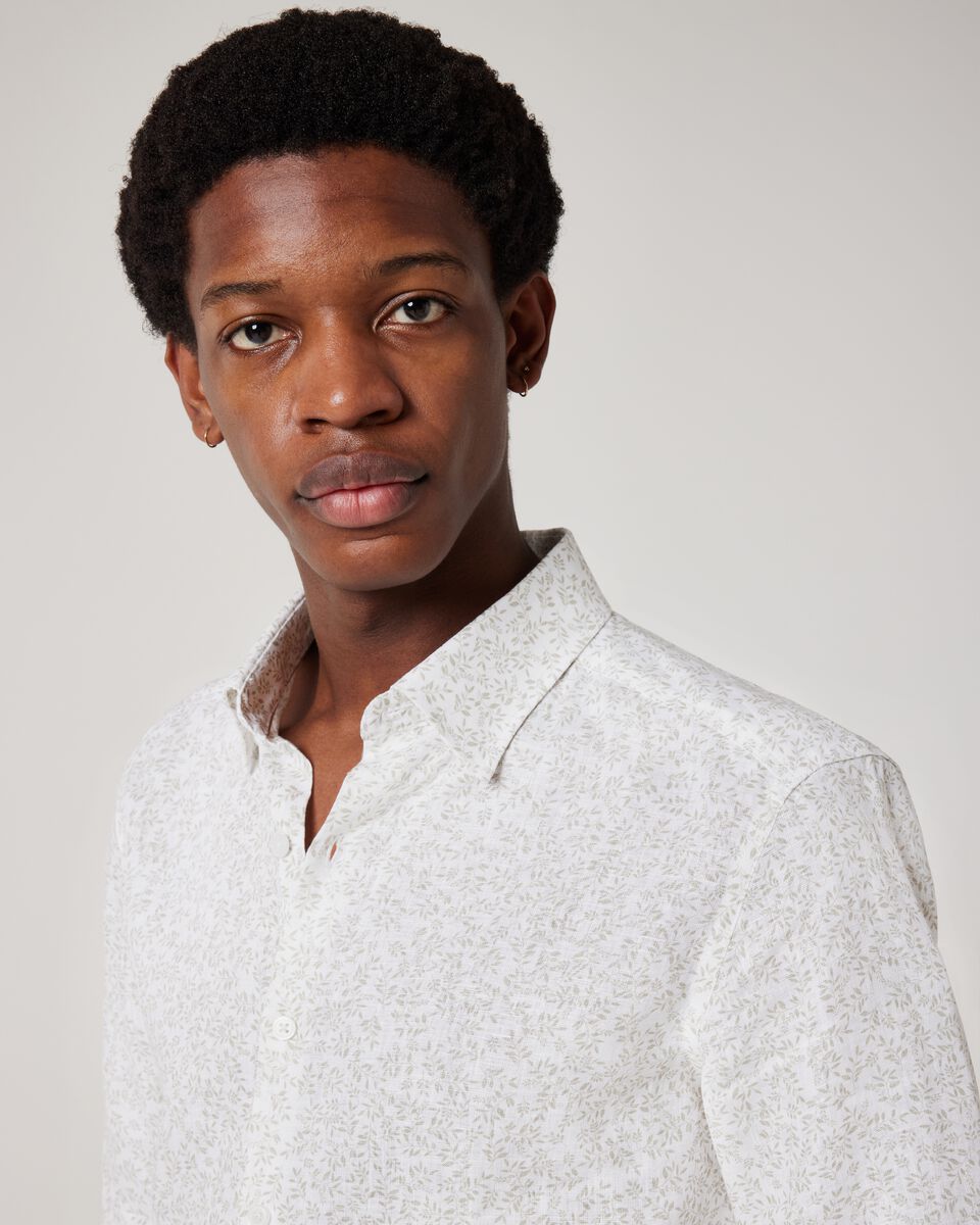 Regular Long Sleeve Printed Floral Linen Shirt, White/Natural Regular Long Sleeve Printed Floral Linen Shirt